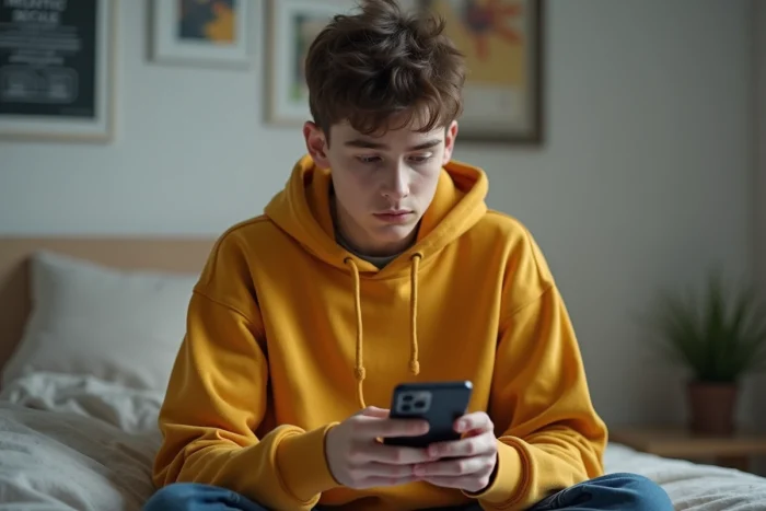 Jeune adulte protégeant son compte Snapchat depuis sa chambre sur smartphone