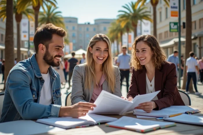 Groupe de demandeurs d'emploi consultant des brochures lors d'un salon de l'emploi en Occitanie