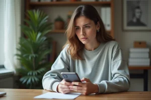 Jeune femme consultant son smartphone pour sécuriser son compte Snapchat à domicile