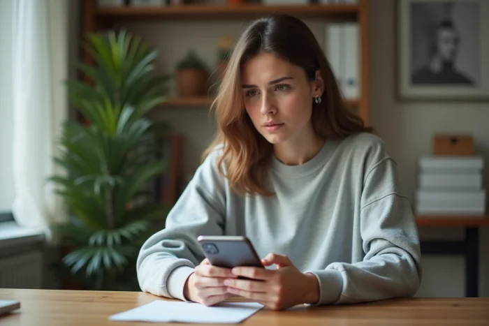 Jeune femme consultant son smartphone pour sécuriser son compte Snapchat à domicile