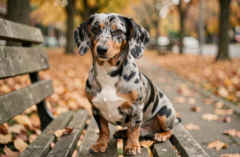 Teckel arlequin assis sur un banc de parc en automne, montrant son pelage merle distinctif aux motifs gris, noir et fauve