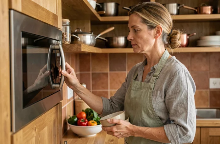 Femme utilisant un four micro-ondes encastré en hauteur dans une cuisine au style chaleureux et naturel