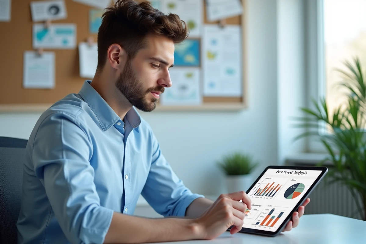 Jeune vétérinaire étudiant une analyse sur une tablette dans son bureau