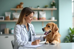 Vétérinaire femme examinant un chien dans une clinique moderne